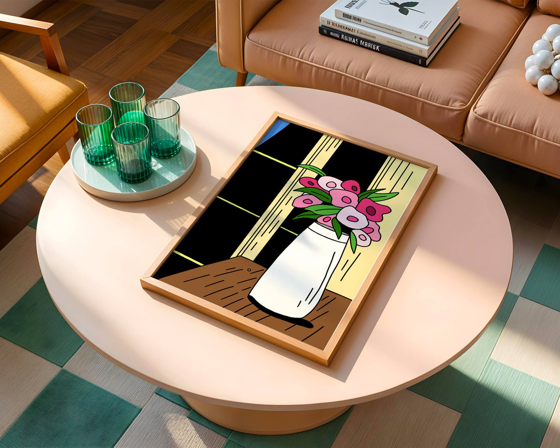 Abstract illustration of flowers in a vase on a wooden table