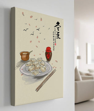 Illustration of dumplings with chopsticks and Asian calligraphy