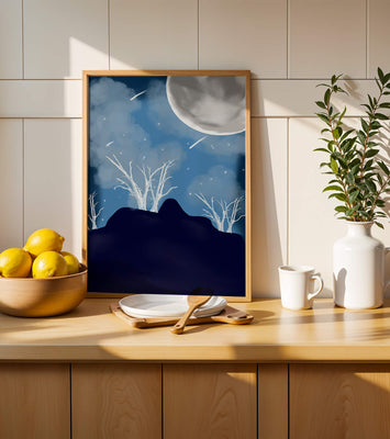 Winter Night Landscape with Bare Trees and Full Moon