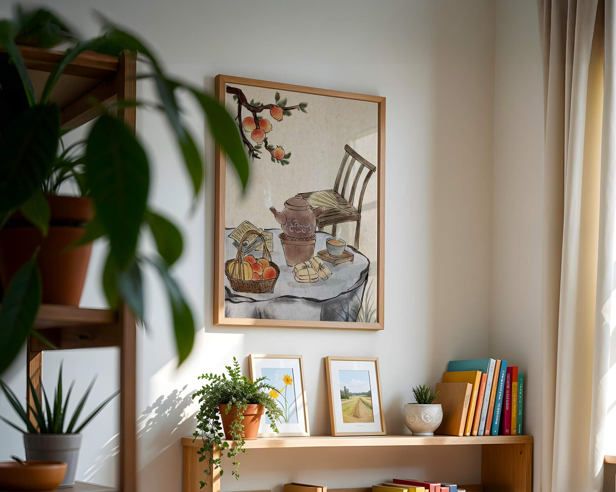 Watercolor painting of tea time setting with fruits and wooden chair