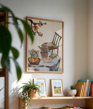 Peinture à l’aquarelle d’un moment de dégustation de thé avec des fruits et une chaise en bois