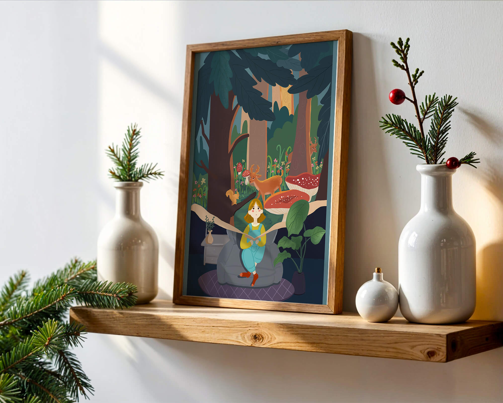 Figura femenina pacífica con criaturas del bosque y vegetación verde exuberante