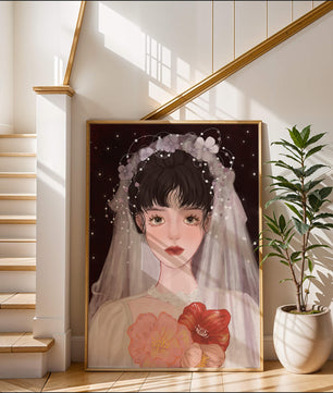 Elegant bridal portrait with floral crown and veil