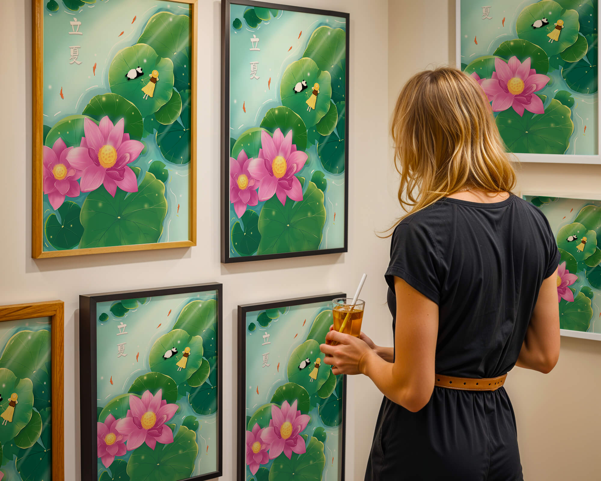 Girl and Panda Relaxing on Lily Pads with Pink Lotus and Goldfish