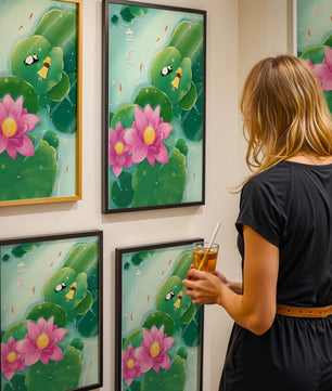 Girl and Panda Relaxing on Lily Pads with Pink Lotus and Goldfish