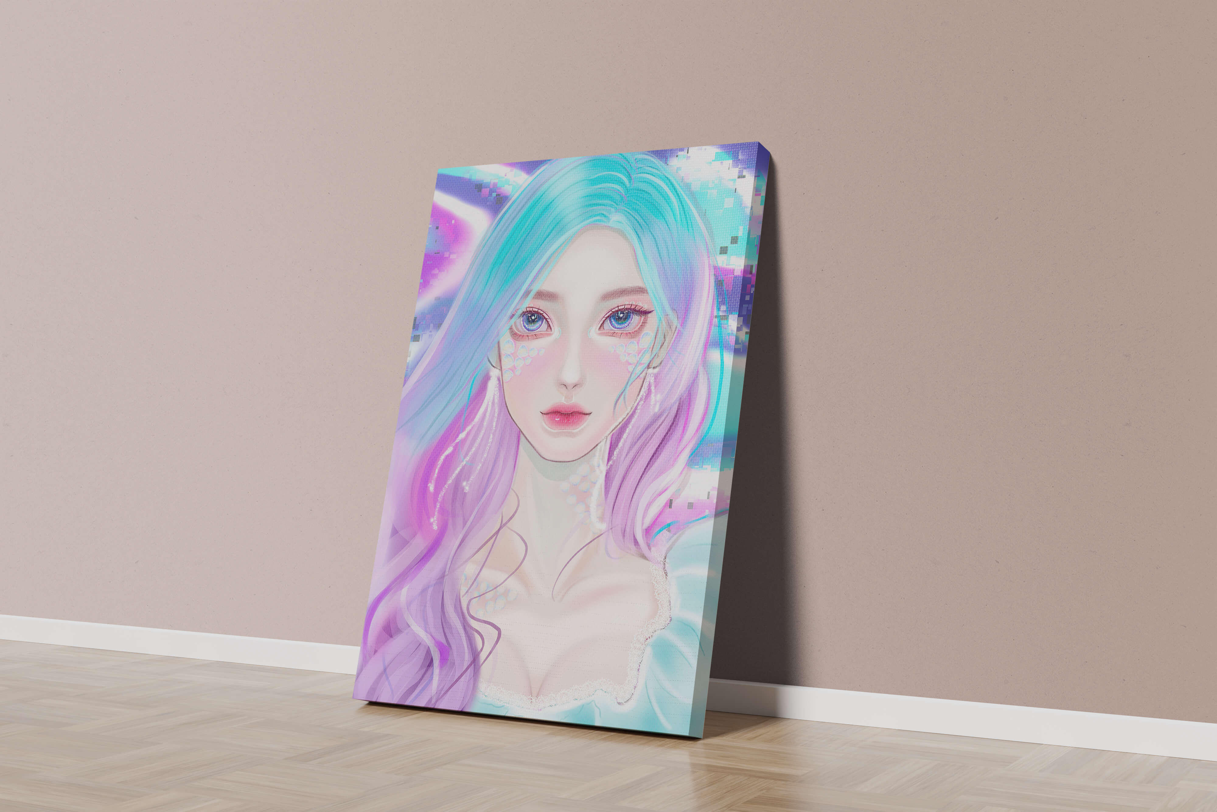 Fantasy portrait of a woman with pastel hair and vibrant features