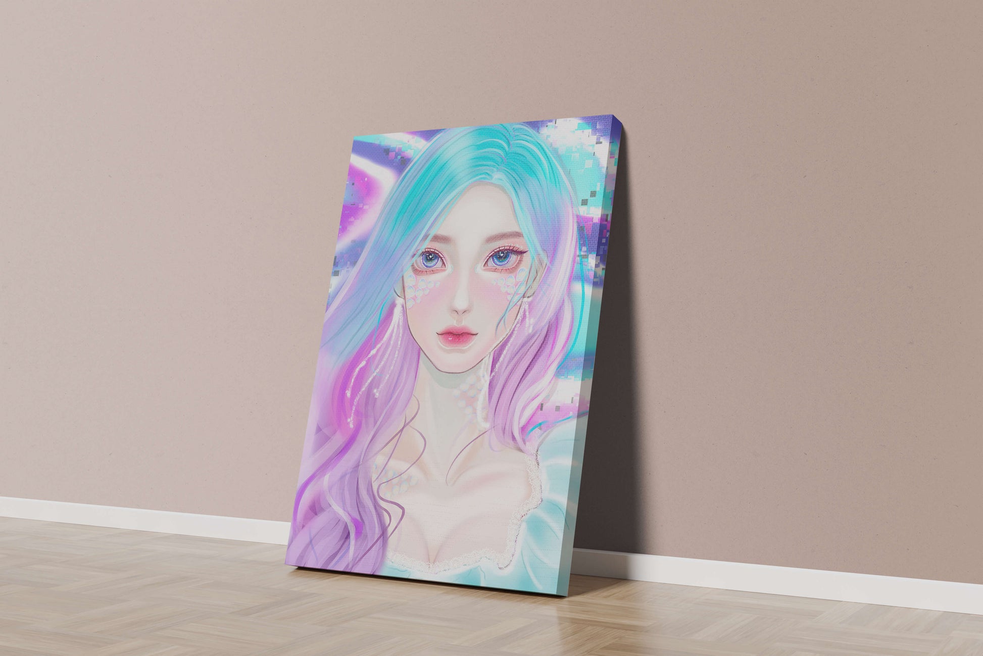 Fantasy portrait of a woman with pastel hair and vibrant features