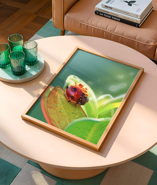 Ladybug on Leaf with Dew Drops in Serene Nature Setting - Mi tienda