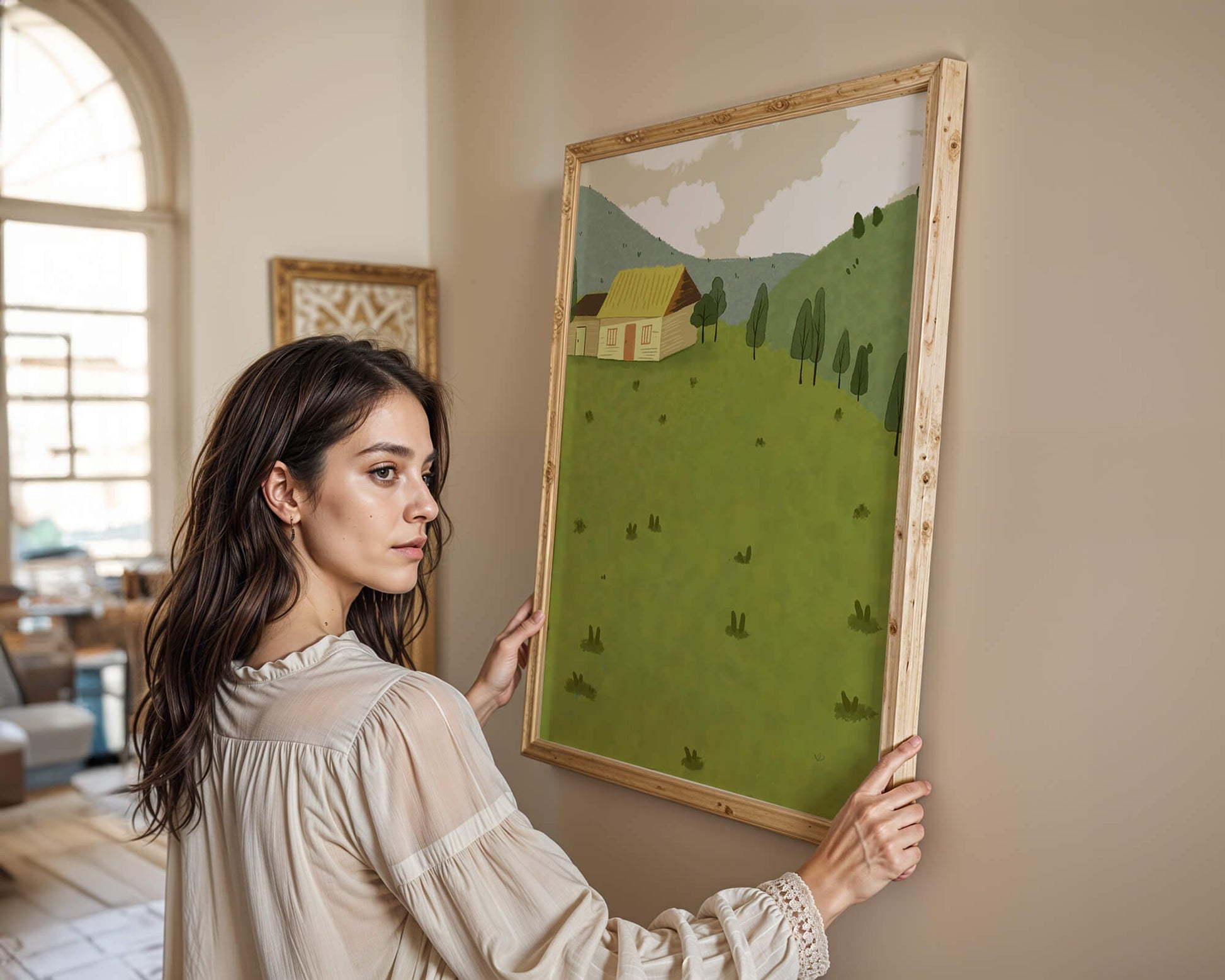 Charming countryside landscape with house and green hills