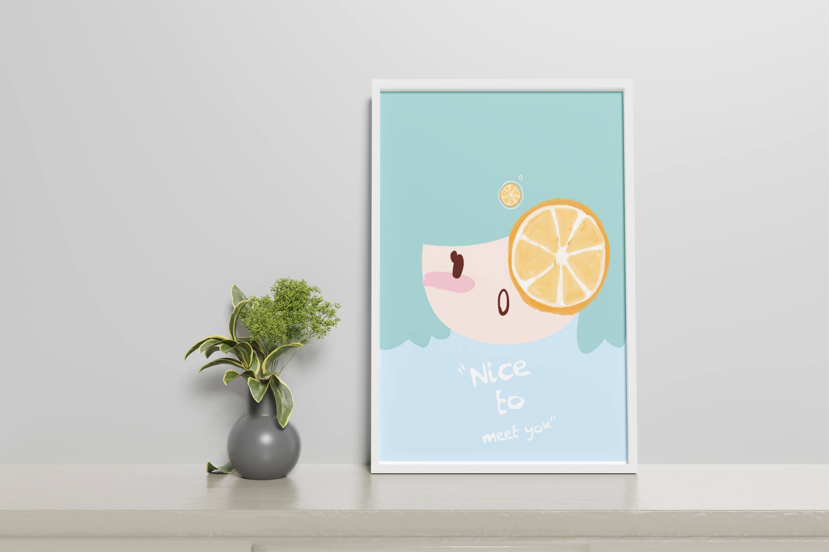 Playful Illustration of a Cartoon Face with Citrus Accent