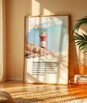 Faro inspirador con texto motivacional y fondo de cielo