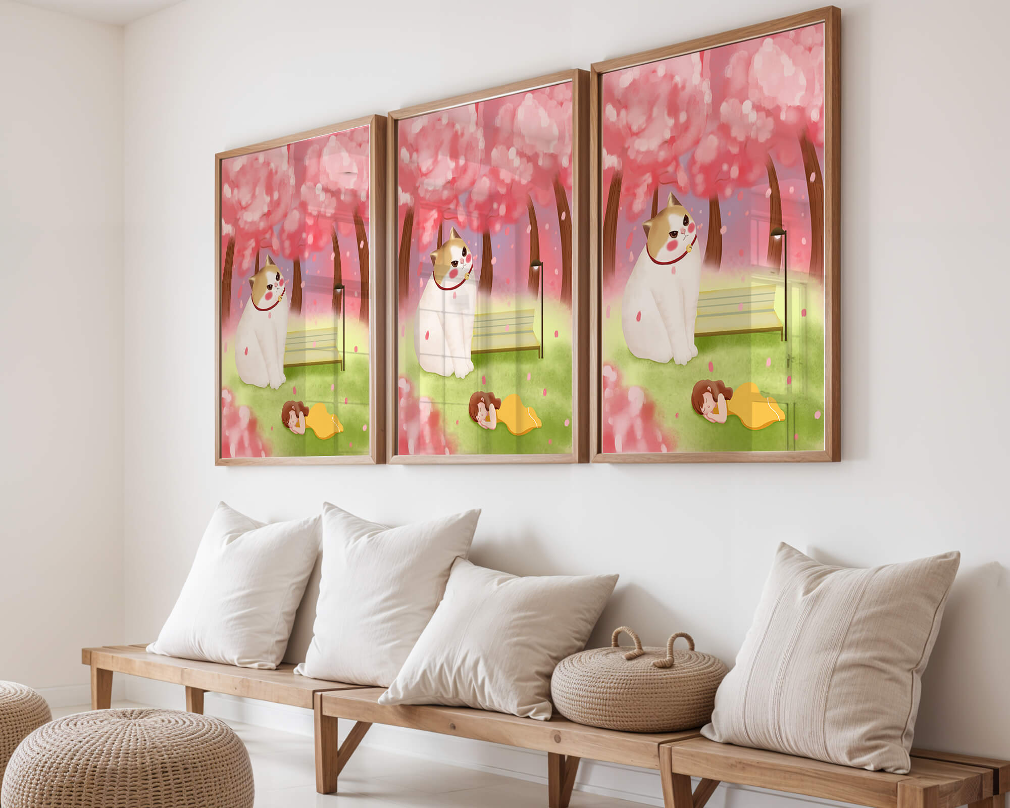 Whimsical scene with giant cat and girl under cherry blossoms
