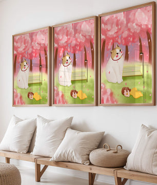 Whimsical scene with giant cat and girl under cherry blossoms