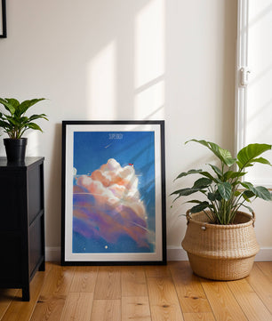 Whimsical illustration of superboy with dreamy cloudscape