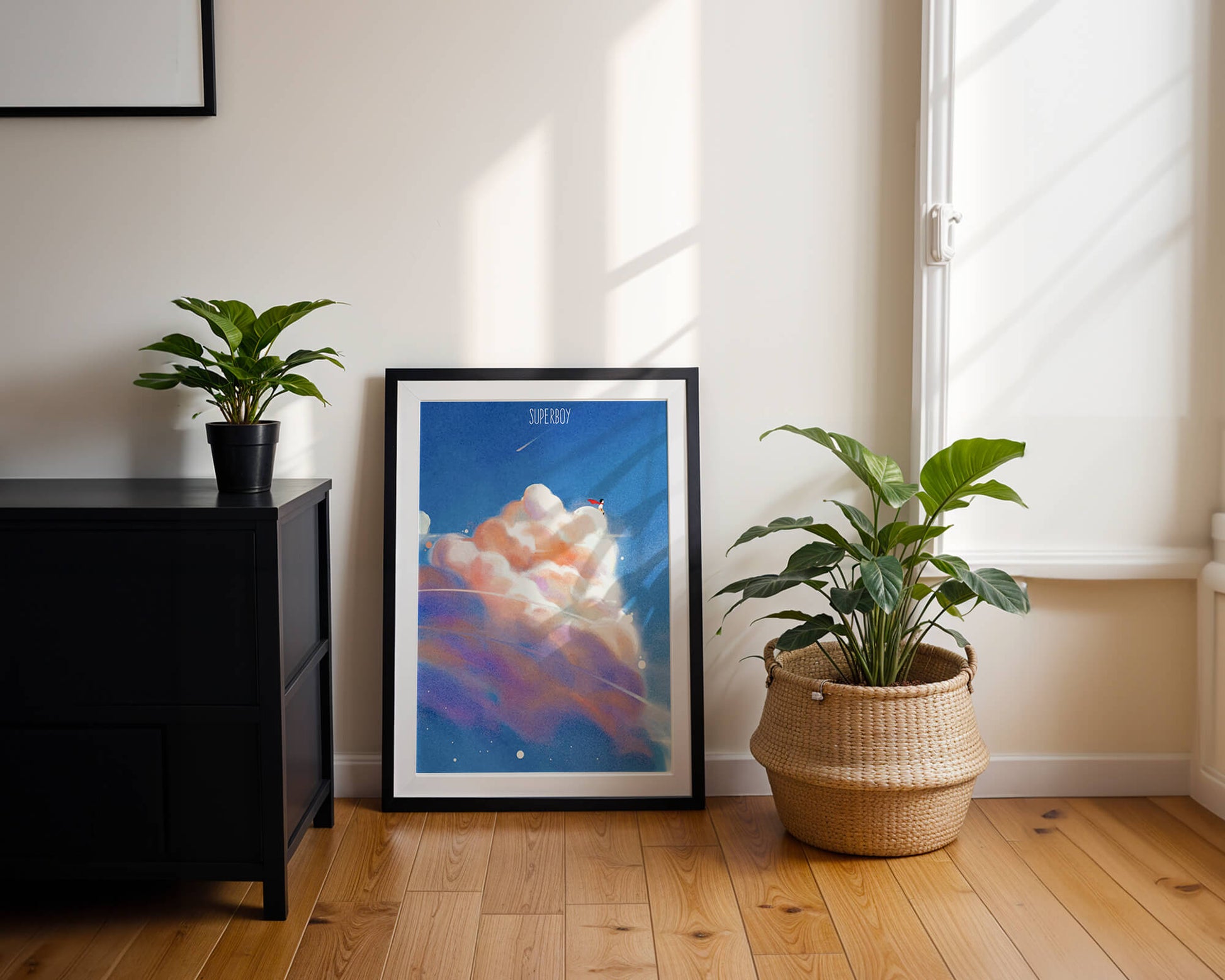 Whimsical illustration of superboy with dreamy cloudscape
