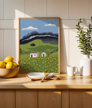 Peaceful Rural Landscape with Houses and Yellow Flowers under Blue Sky