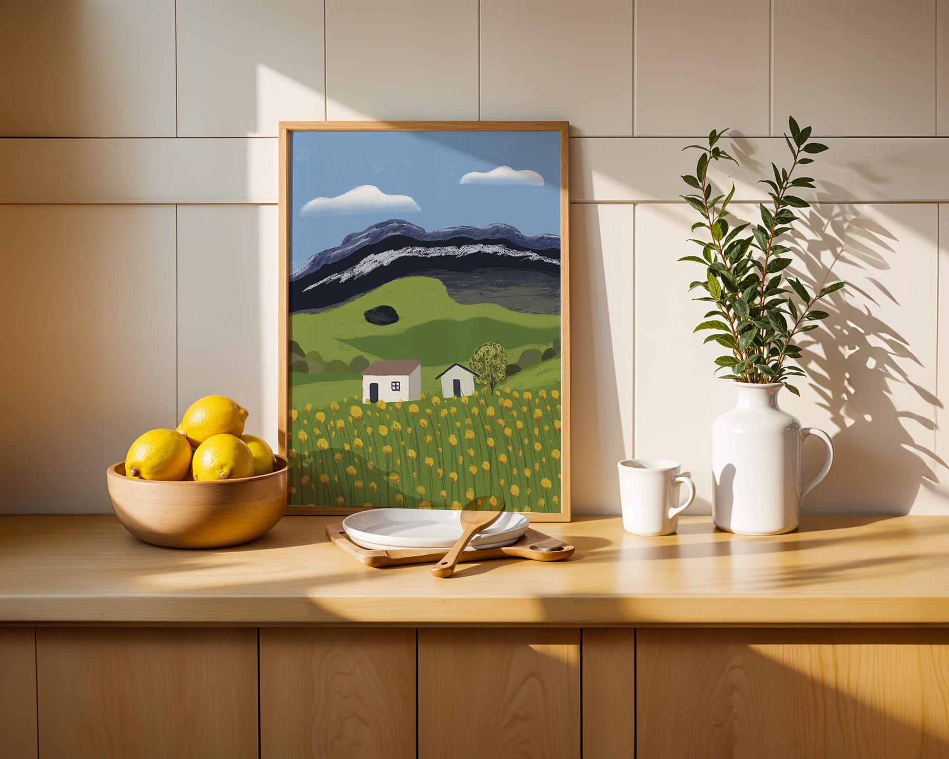 Peaceful Rural Landscape with Houses and Yellow Flowers under Blue Sky