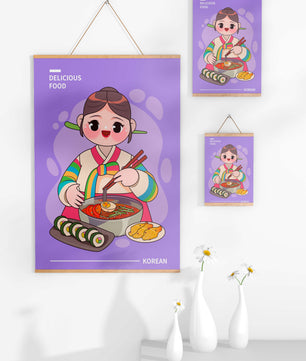 Charming illustration of Korean cuisine with a cheerful character