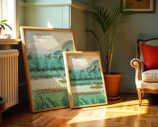 Serene Landscape with Boatman on River at Sunrise
