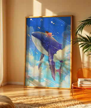 Illustration onirique d'une fille chevauchant une baleine à travers le ciel