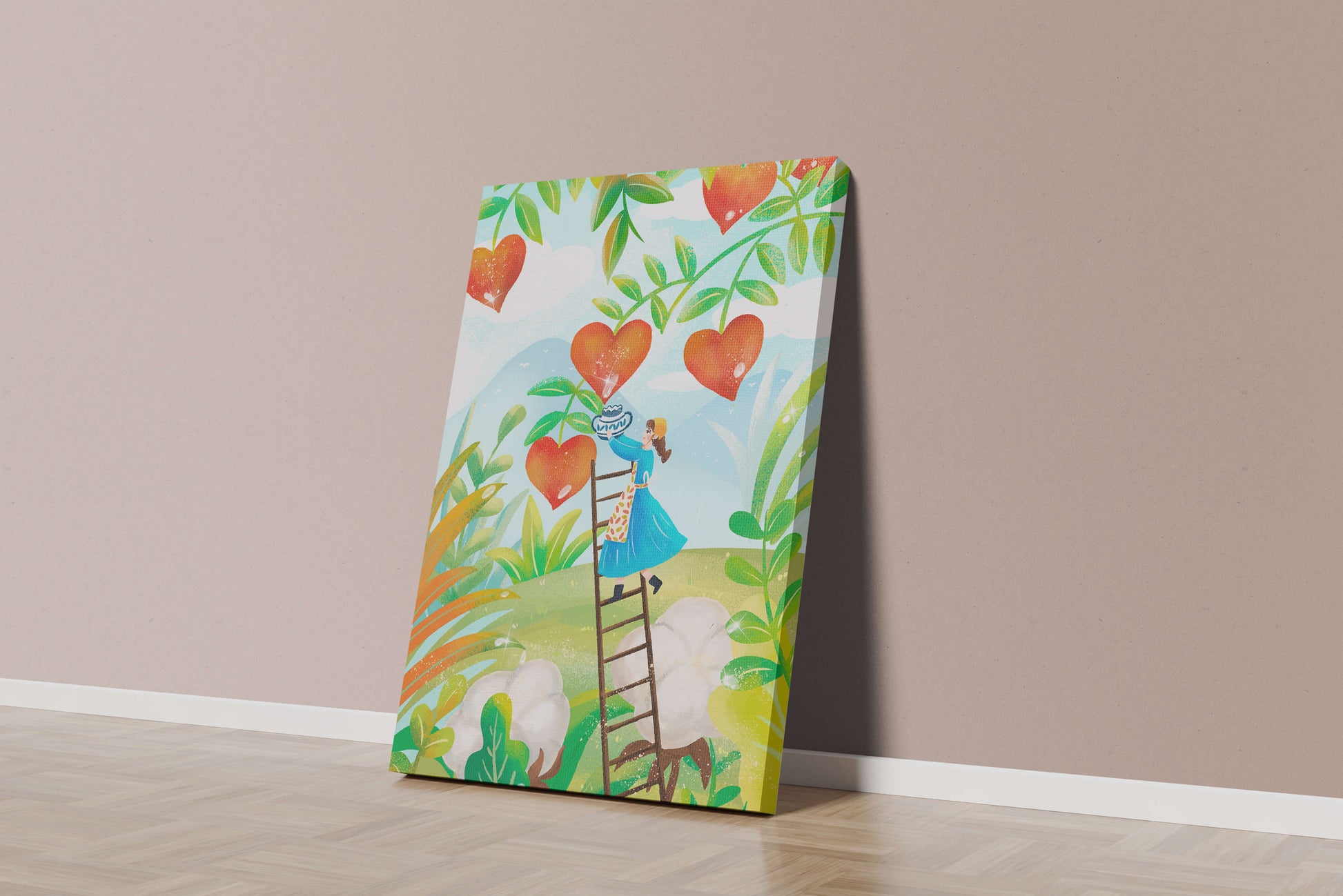 Mujer recolectando frutas en forma de corazón en el vibrante campo