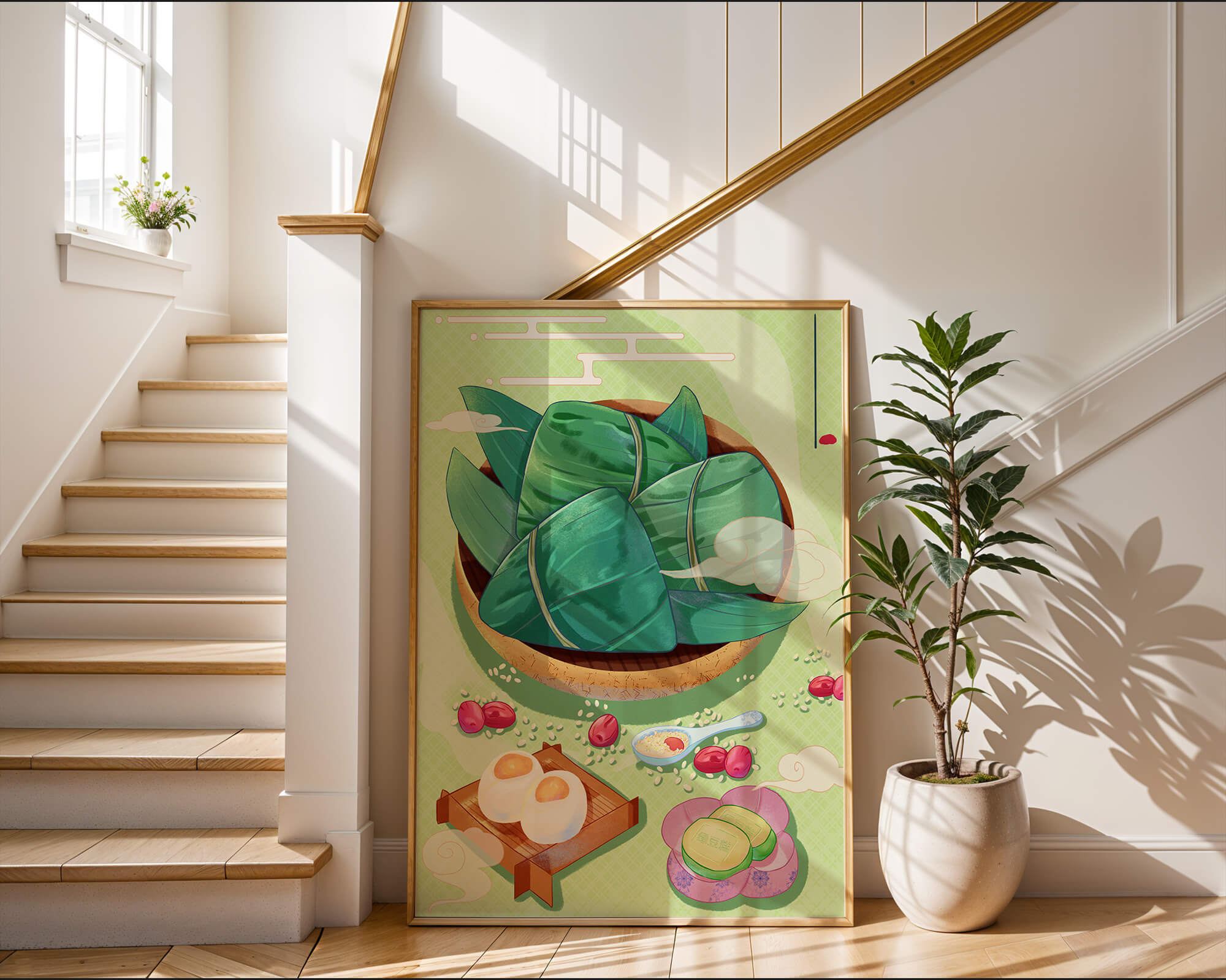 Traditional Asian food illustration with rice dumplings and mooncakes on a green background