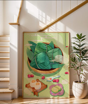 Traditional Asian food illustration with rice dumplings and mooncakes on a green background