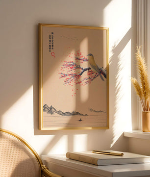 Traditional Chinese painting with bird and blossom branch over tranquil landscape