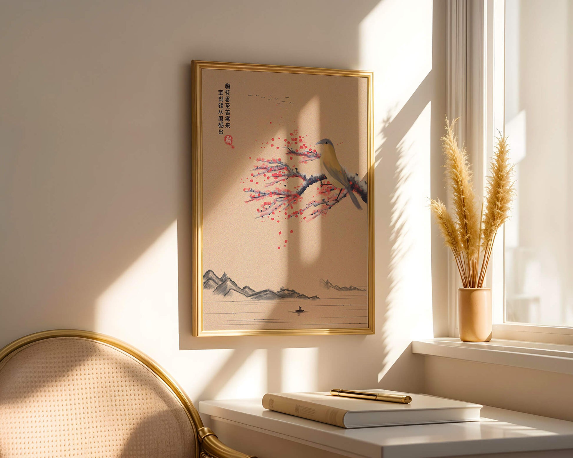 Traditional Chinese painting with bird and blossom branch over tranquil landscape