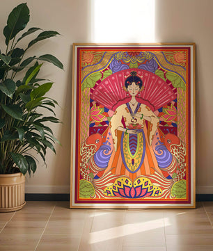 Ilustración oriental colorida con motivos de peces koi y loto