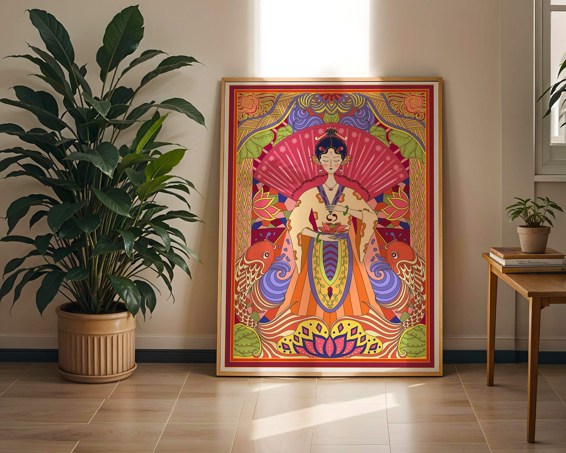 Ilustración oriental colorida con motivos de peces koi y loto