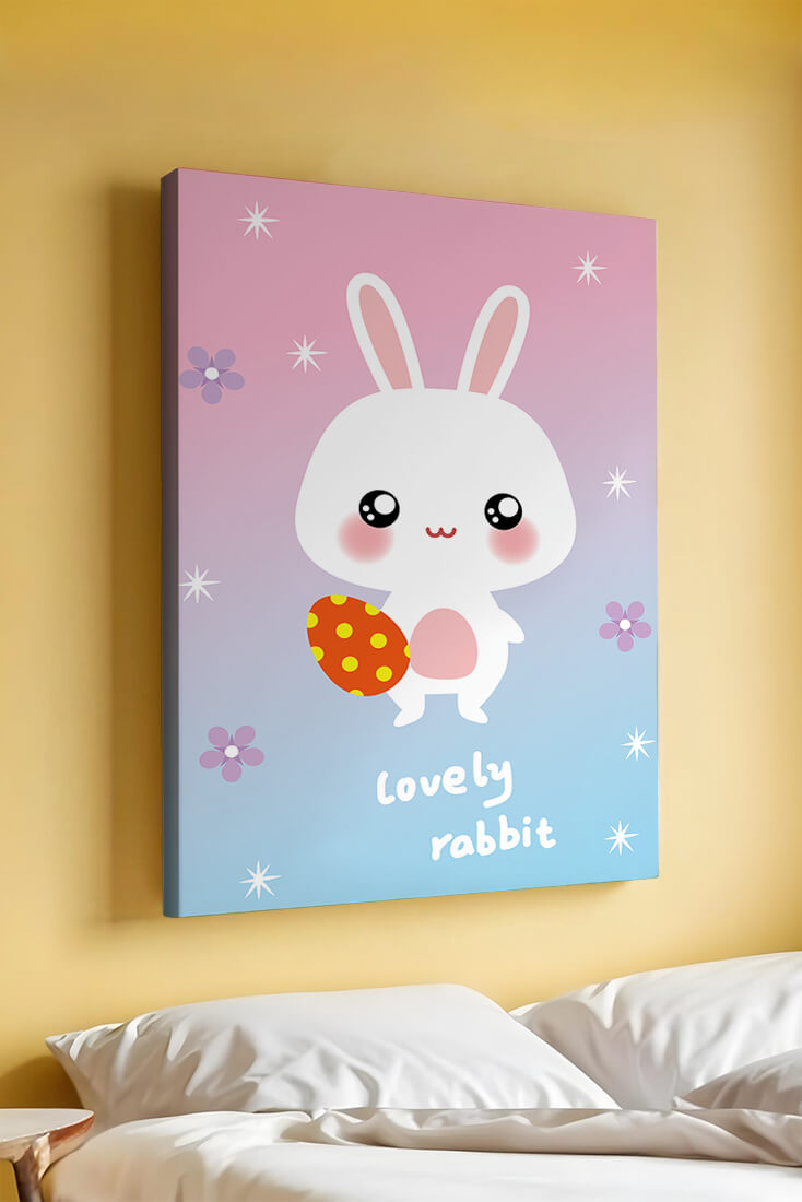 Adorable rabbit illustration with a colorful egg on a pastel background
