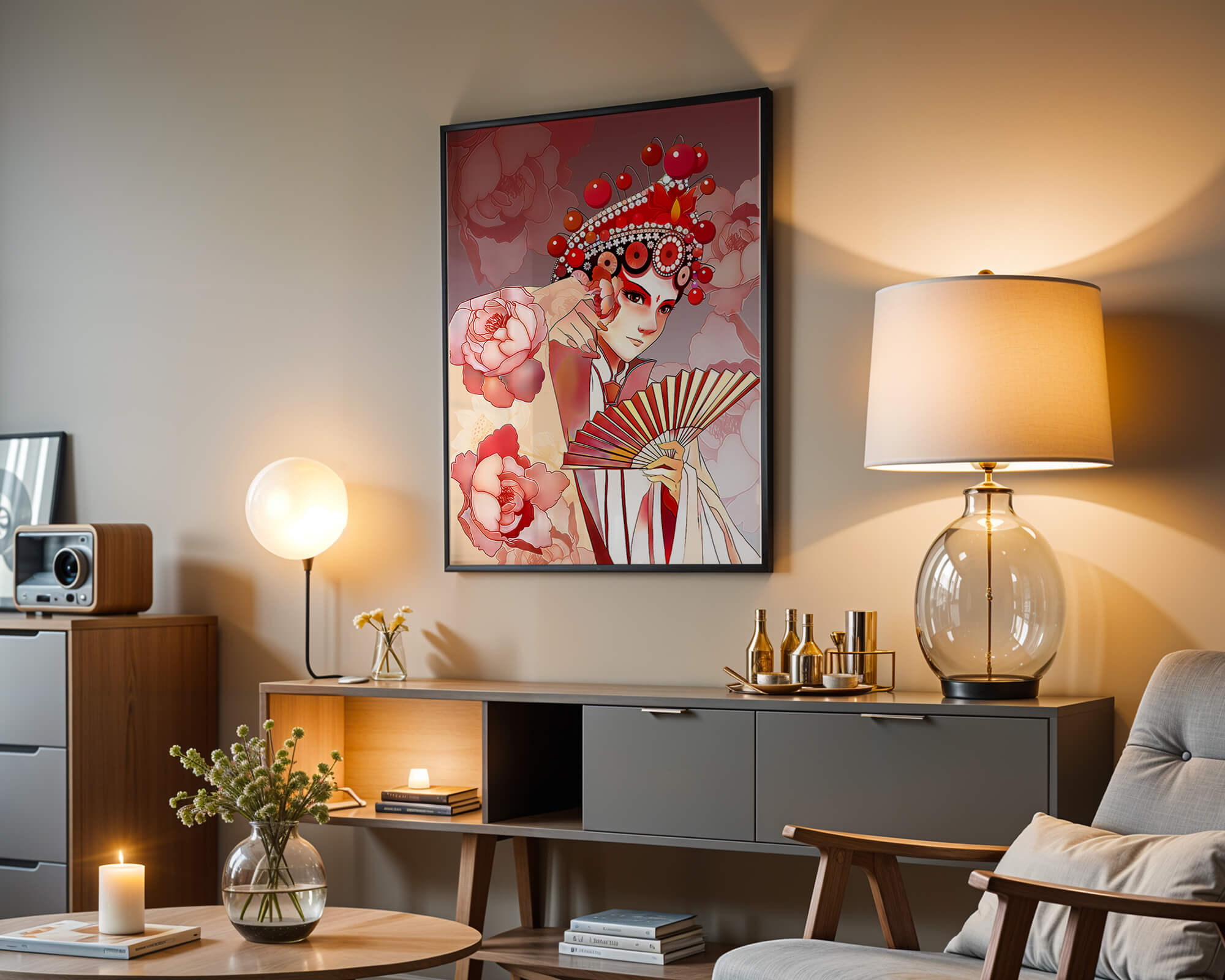Traditional Asian artwork with floral motifs and ornate headpiece