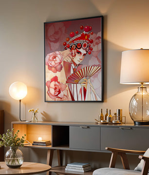 Traditional Asian artwork with floral motifs and ornate headpiece