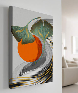 Hojas de Ginkgo abstractas con círculo naranja y ondas plateadas