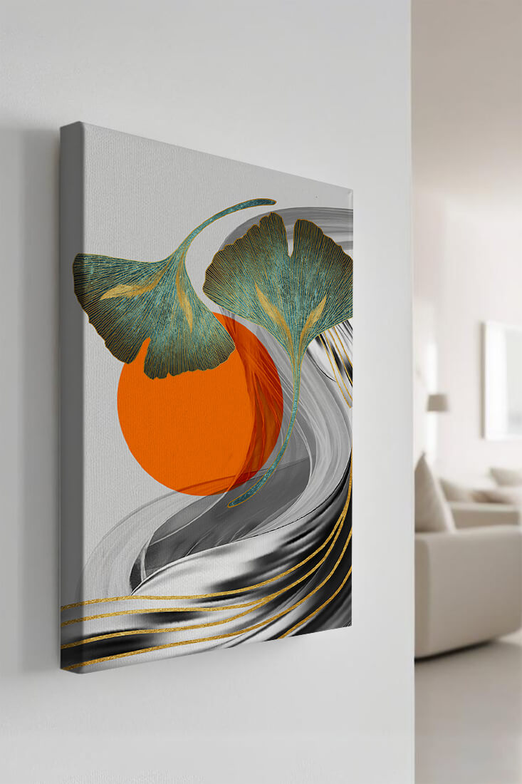 Hojas de Ginkgo abstractas con círculo naranja y ondas plateadas