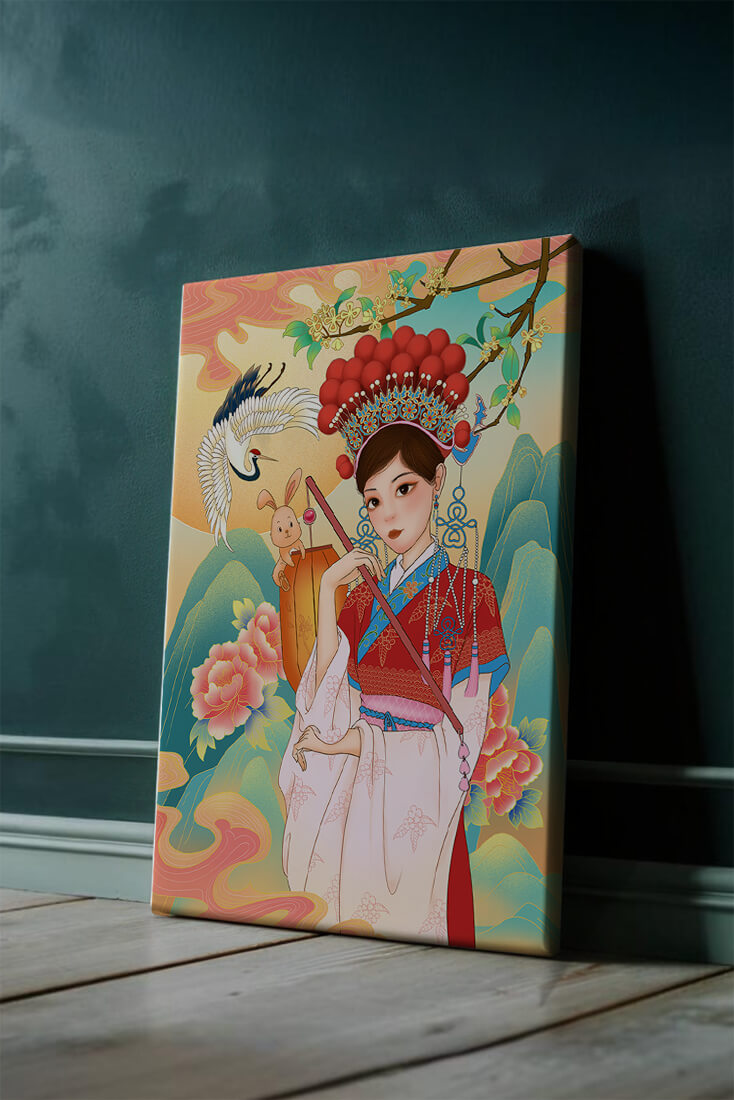 Elegant traditional Chinese illustration featuring a woman in vibrant attire with floral and animal motifs