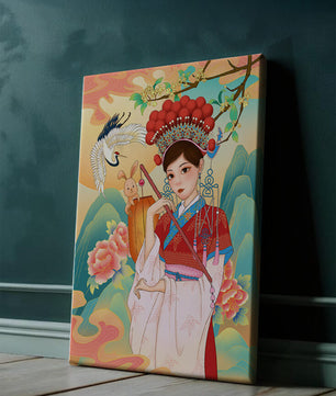 Elegante traditionelle chinesische Illustration mit einer Frau in lebendiger Kleidung mit Blumen- und Tiermotiven