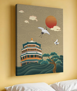 Traditional Asian artwork with cranes and pagoda under a red sun