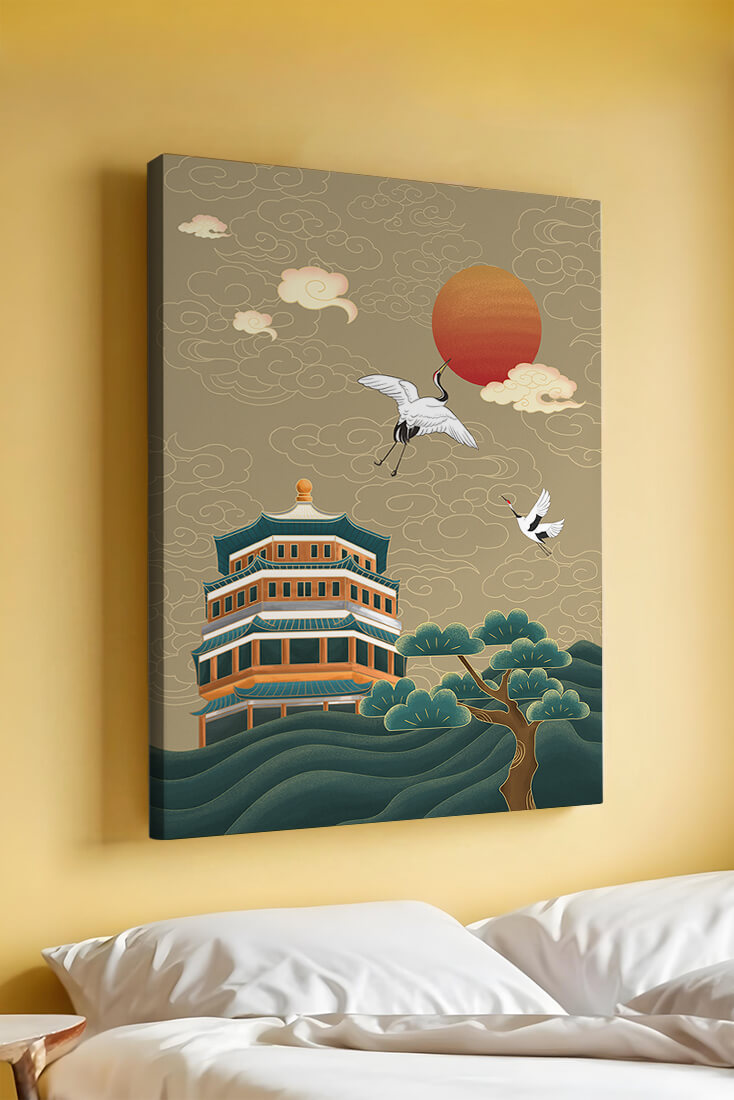Obra de arte asiática tradicional con grullas y pagoda bajo un sol rojo
