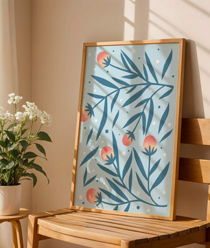 Abstract botanical pattern with colorful flowers and leaves on light blue background