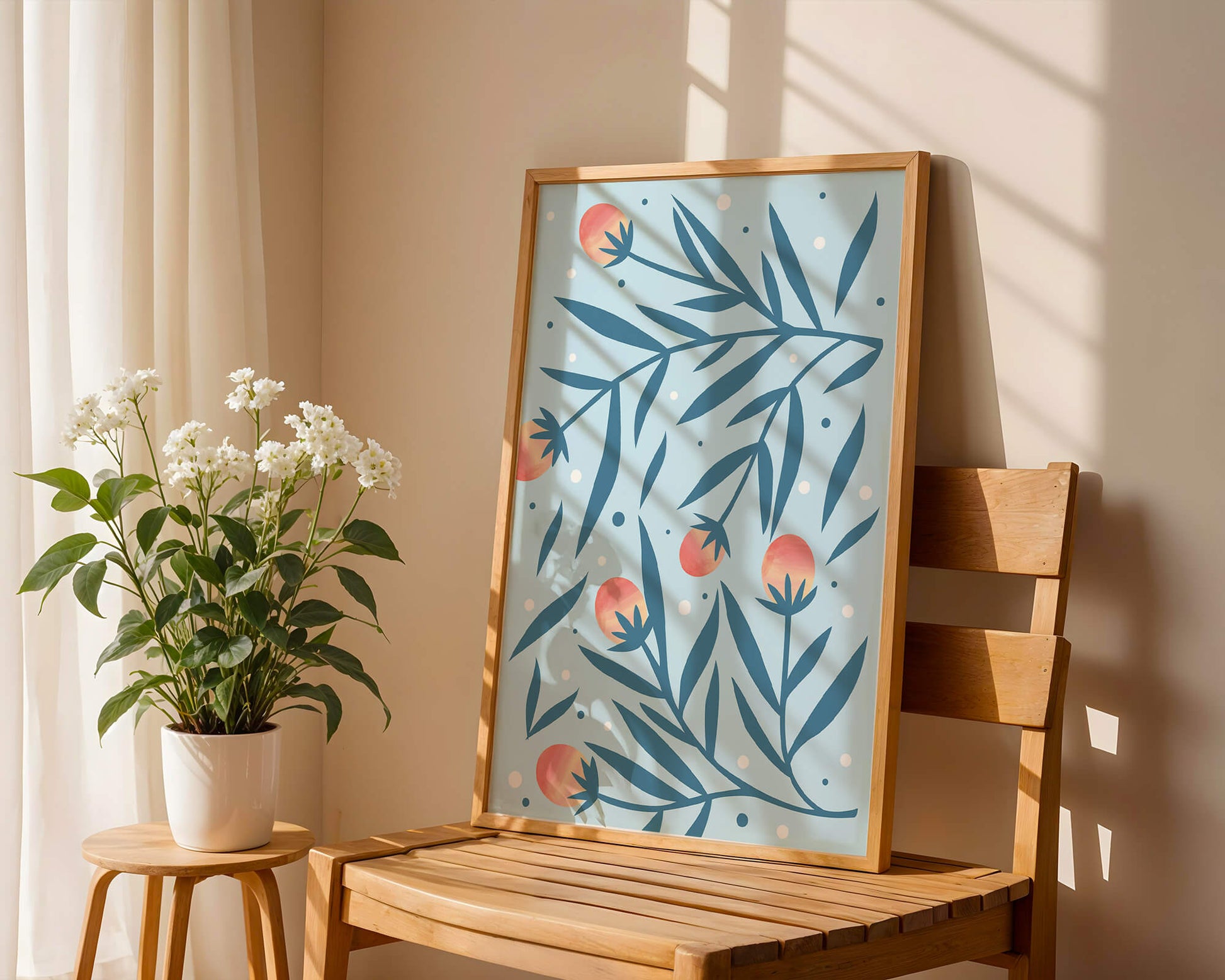 Abstract botanical pattern with colorful flowers and leaves on light blue background