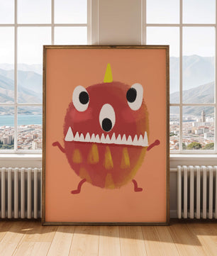 Monstruo colorido con características geométricas y expresión juguetona