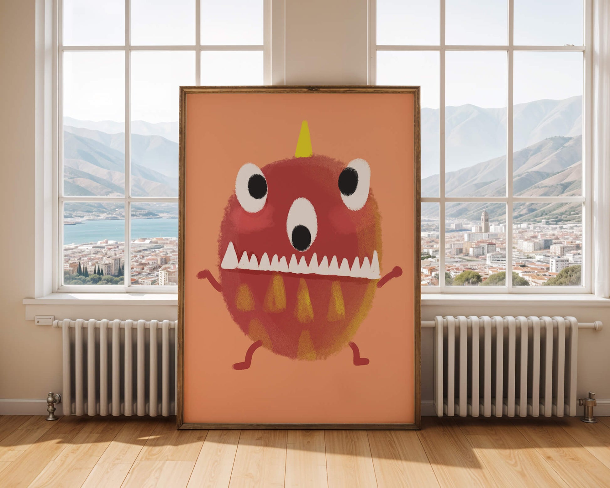 Monstruo colorido con rasgos geométricos y expresión lúdica.