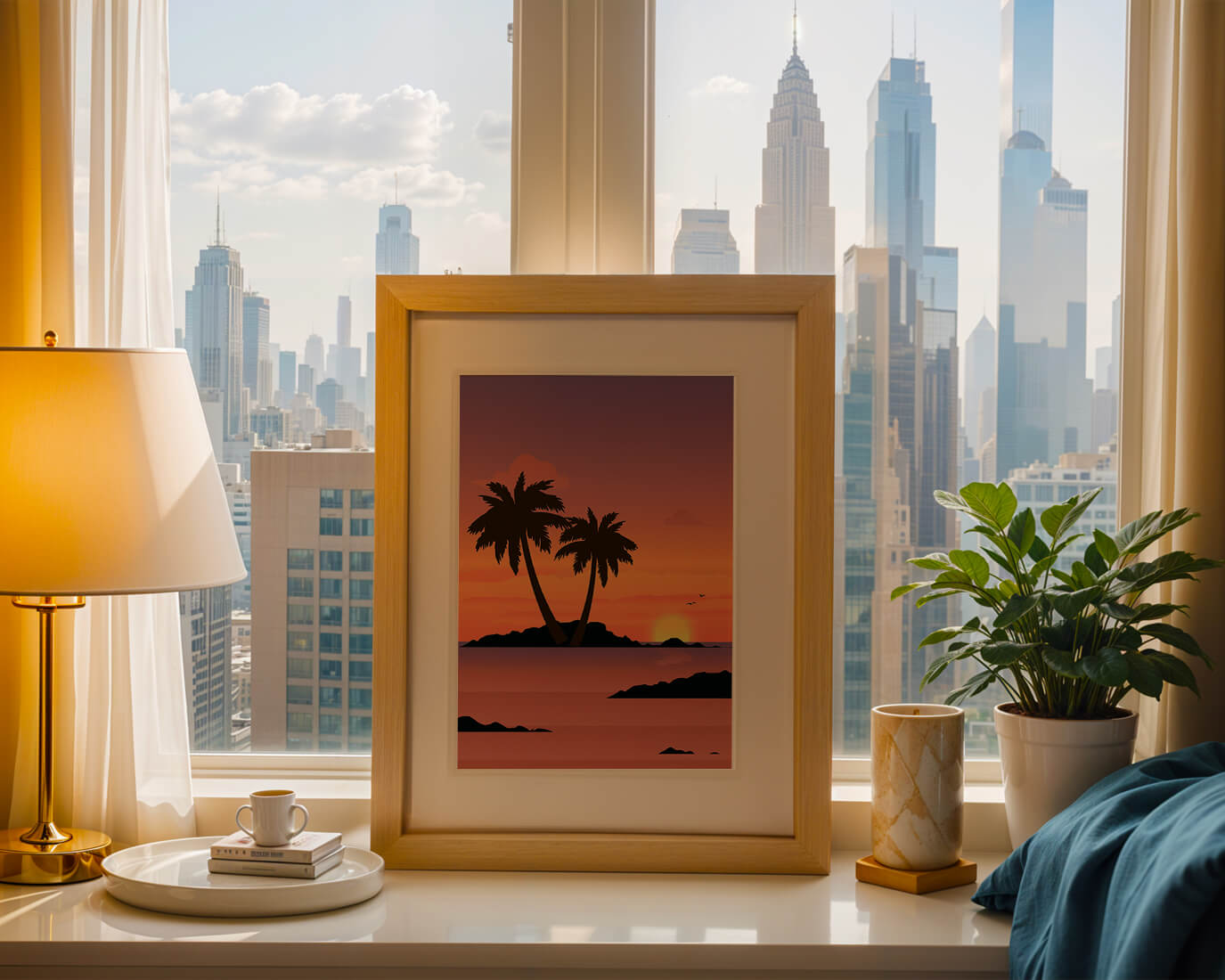 Sunset Over Tropical Island with Palm Trees and Birds - Mi tienda