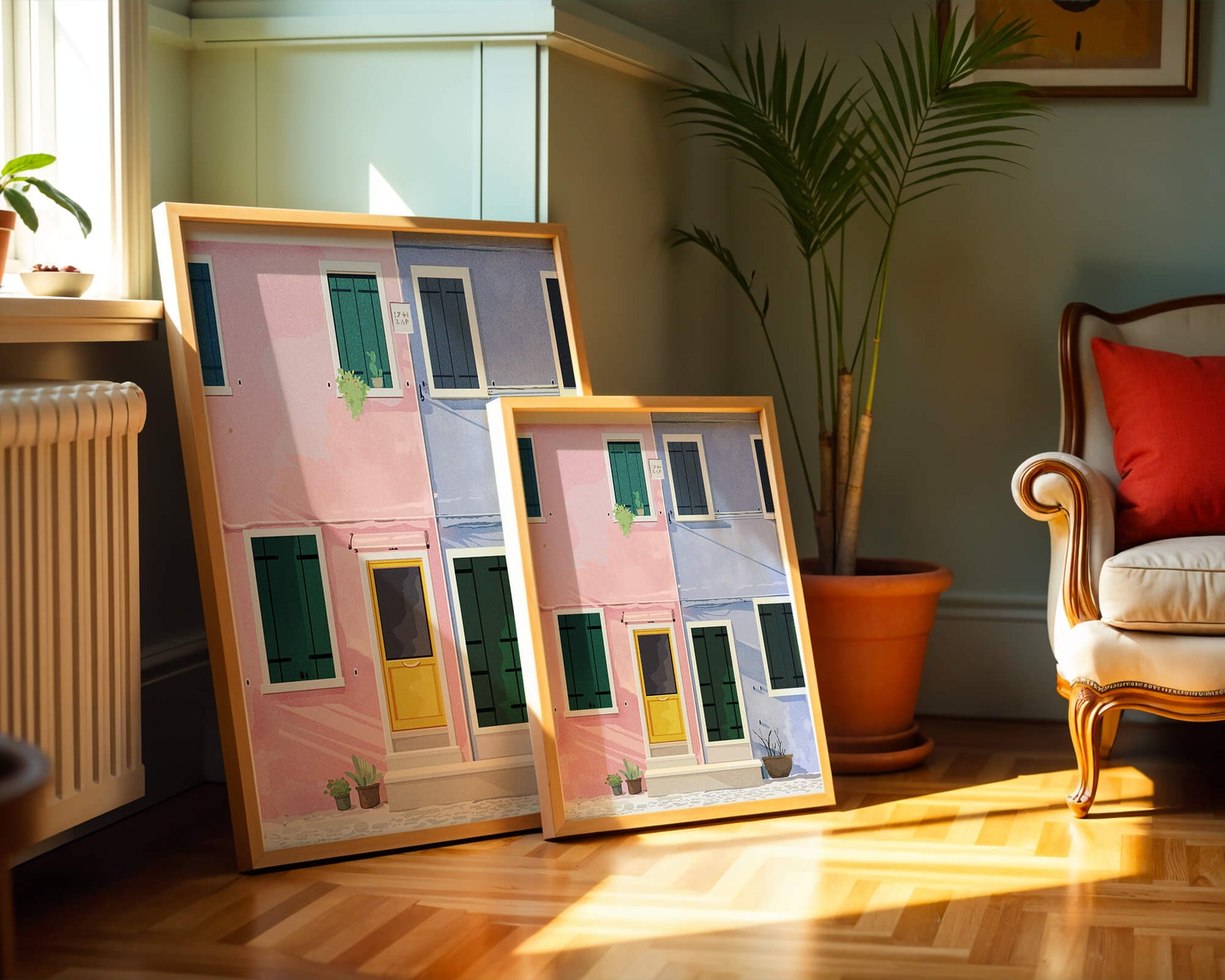 Charming pastel houses with colorful doors and windows