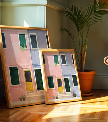 Charming pastel houses with colorful doors and windows