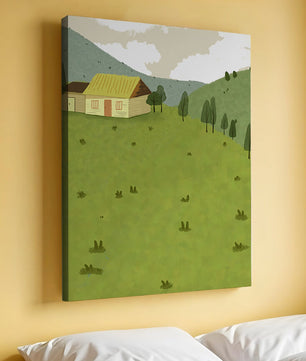 Charming countryside landscape with house and green hills