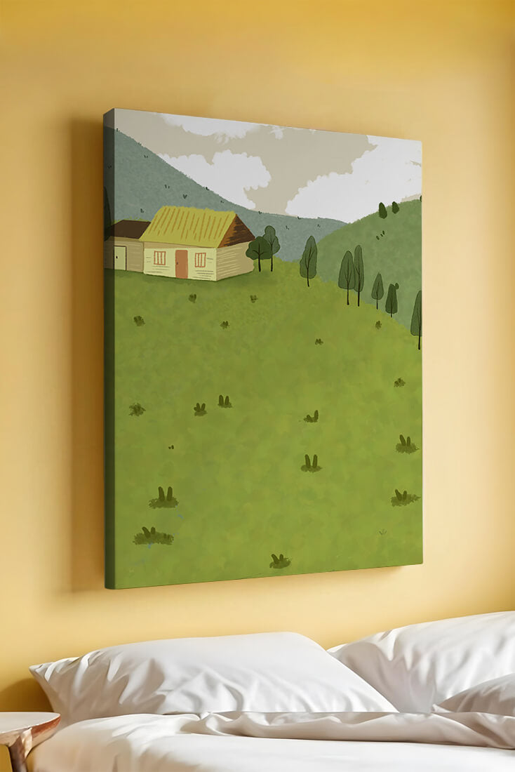 Charming countryside landscape with house and green hills