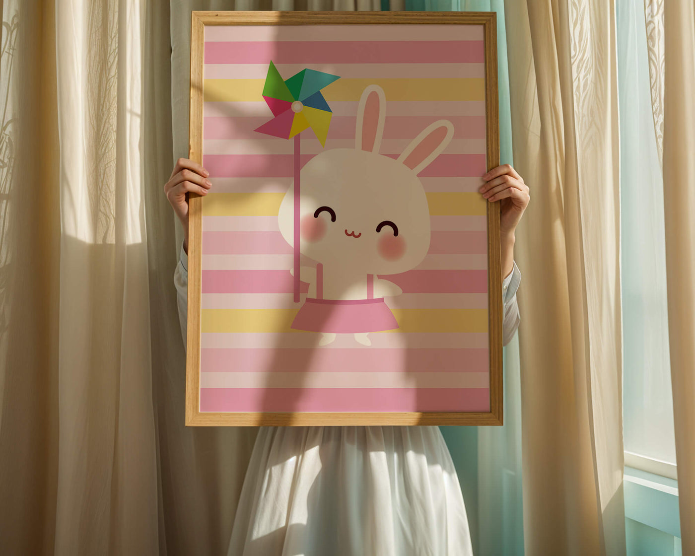 Adorable bunny with pinwheel on pastel striped backdrop